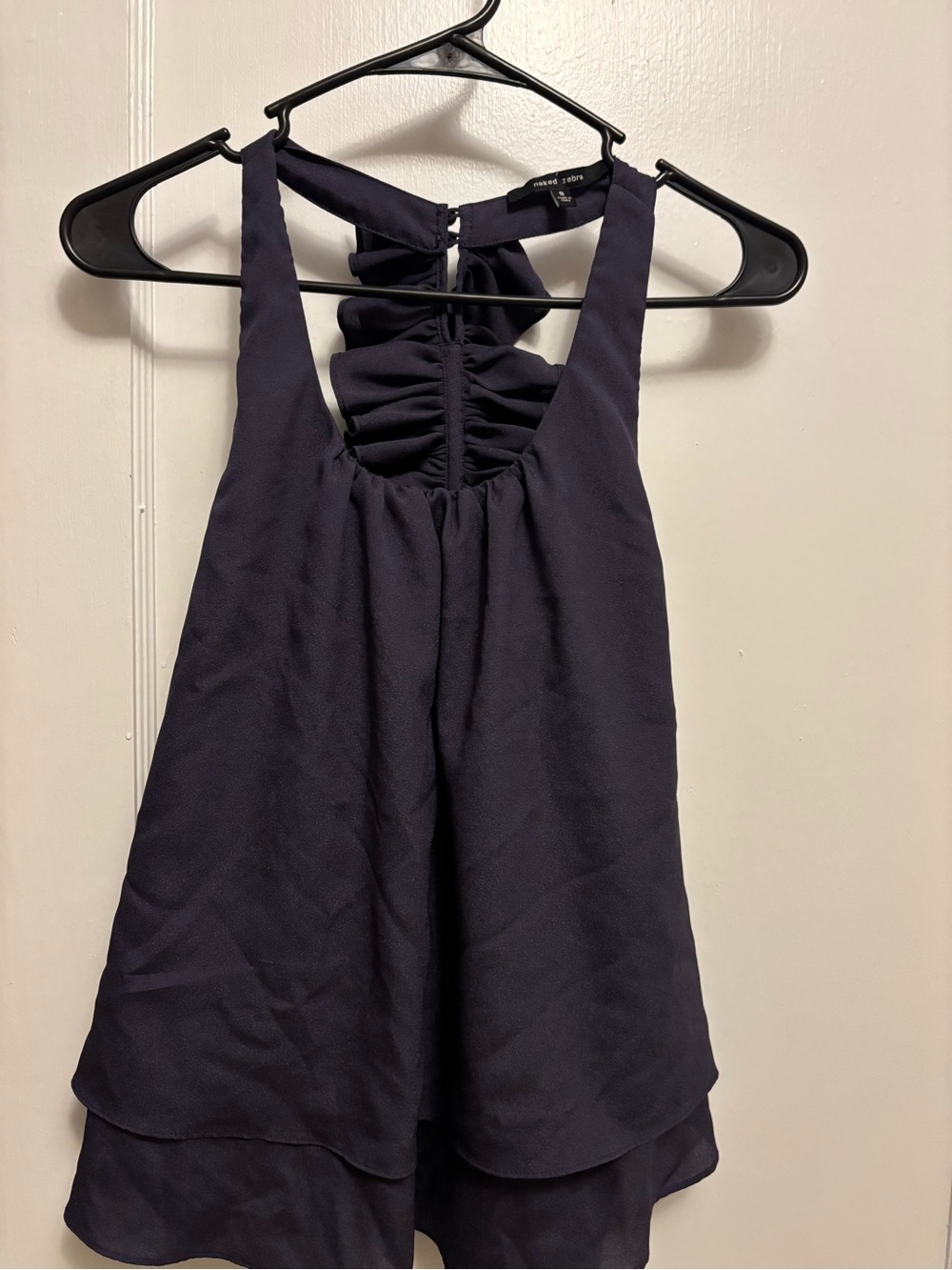 Naked Zebra Navy Blue Ruffled Racerback Layered Flowy Blouse Small
